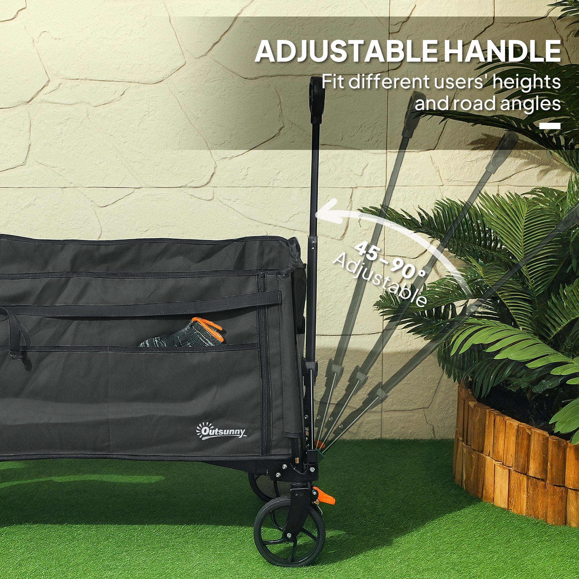 Outsunny Folding Trolley on Wheels, 150L Collapsible Wagon Festival Trolley Cart with Openable Sides, Adjustable Handle and Brakes for Shopping Camping Beach and Garden, Black