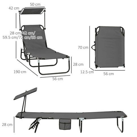 Outsunny 2 Piece Folding Sun Loungers with Canopy, Adjustable Recliner Garden Chairs with Side Pocket, Steel Frame and Breathable Mesh for Outdoor, Pool, Beach, Garden, Dark Grey