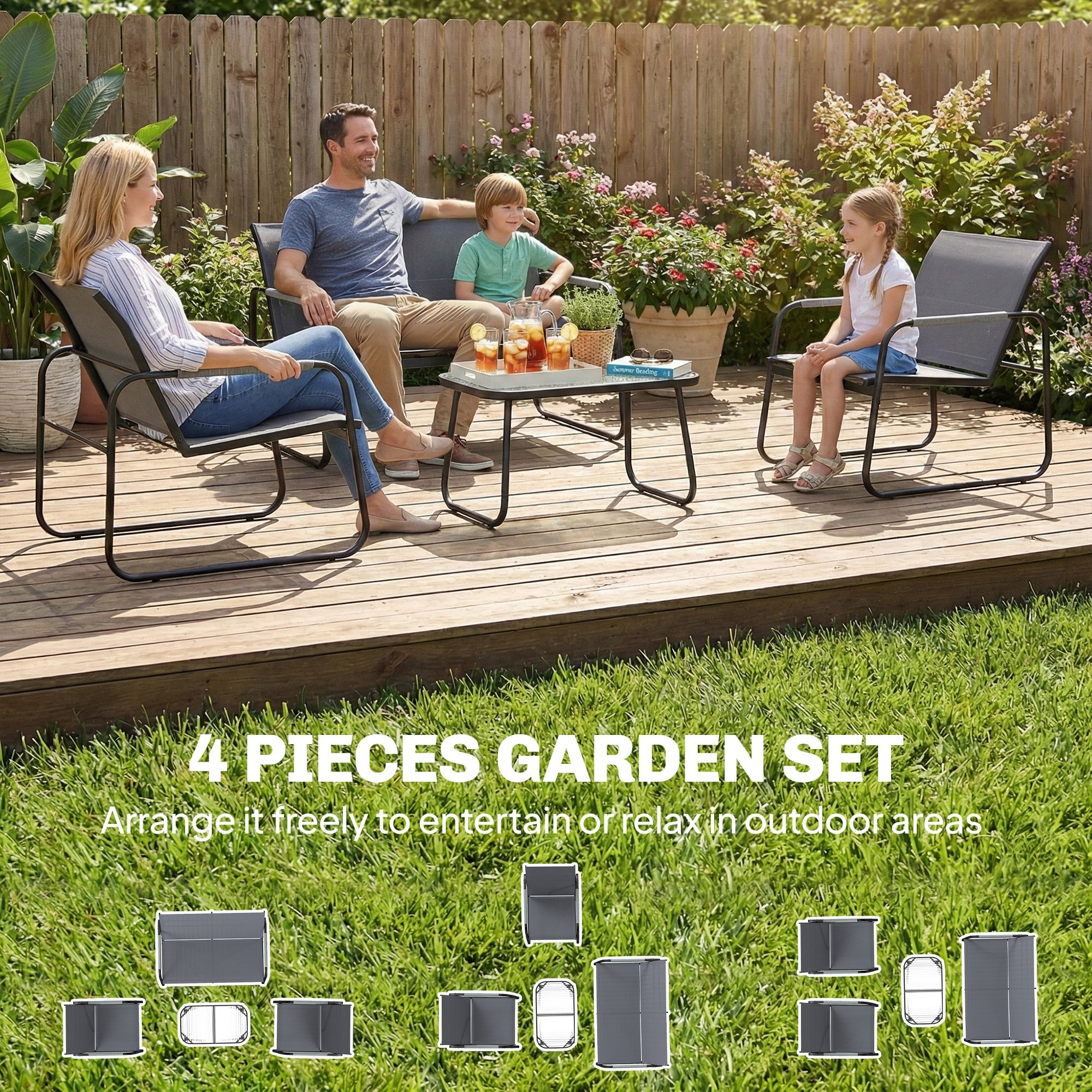 Outsunny 4 Piece Garden Furniture Set, Garden Sofa Set with Loveseat, 2 Armchairs, Tempered Glass Table for Balcony, Grey