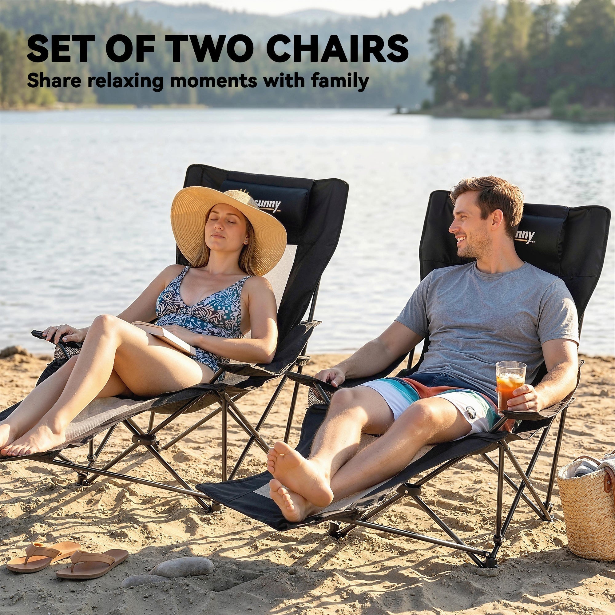 Outsunny Camping Chair Reclining Portable Camp Chair with Detachable Footrest Cup Holder Black
