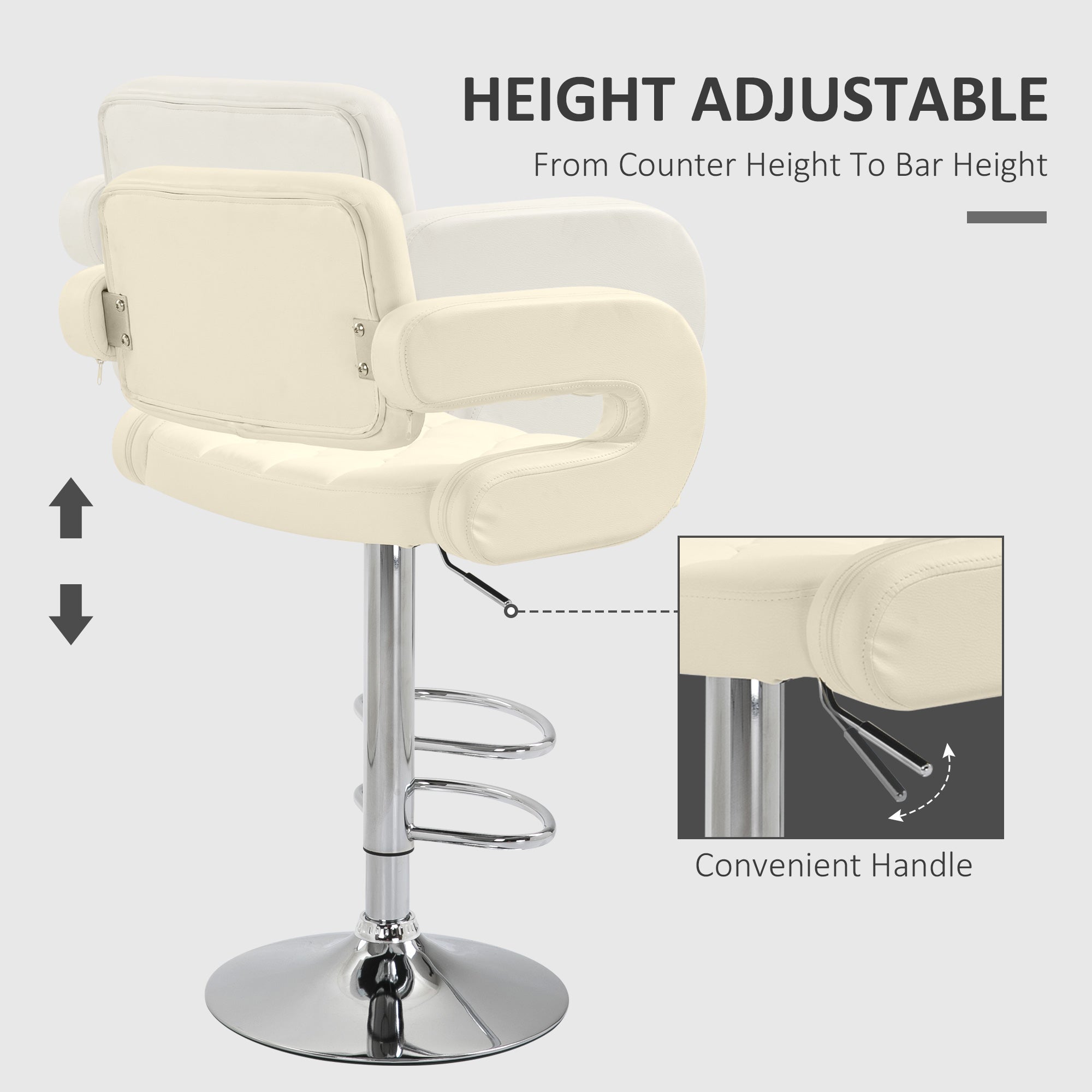 Upholstered Swivel Bar Stool, Set of 2 Height Adjustable Barstool with Back, Armrest, Footrest for Kitchen, White