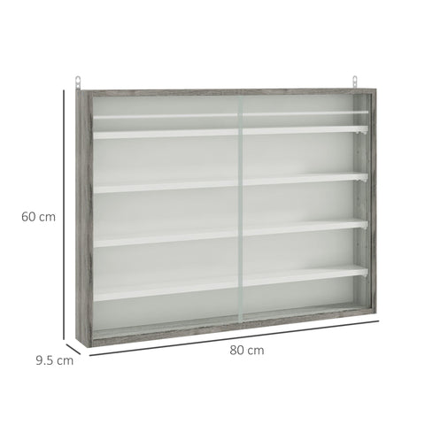 HOMCOM 5-Tier Wall Display Shelf Unit Cabinet w/ 4 Adjustable Shelves Glass Doors Home Office Ornaments 60x80cm Grey Wood Grain