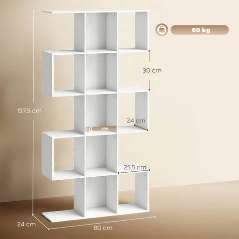 HOMCOM 5-Tier Bookshelf, S Shaped Geometric Bookcase with 15 Compartments, White Wood Effect