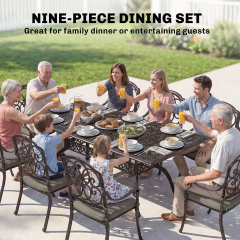 Outsunny 9 Piece Cast Aluminium Garden Dining Set, Garden Table and Chairs Set with Cushions, Parasol Hole for Patio, Bronze Tone