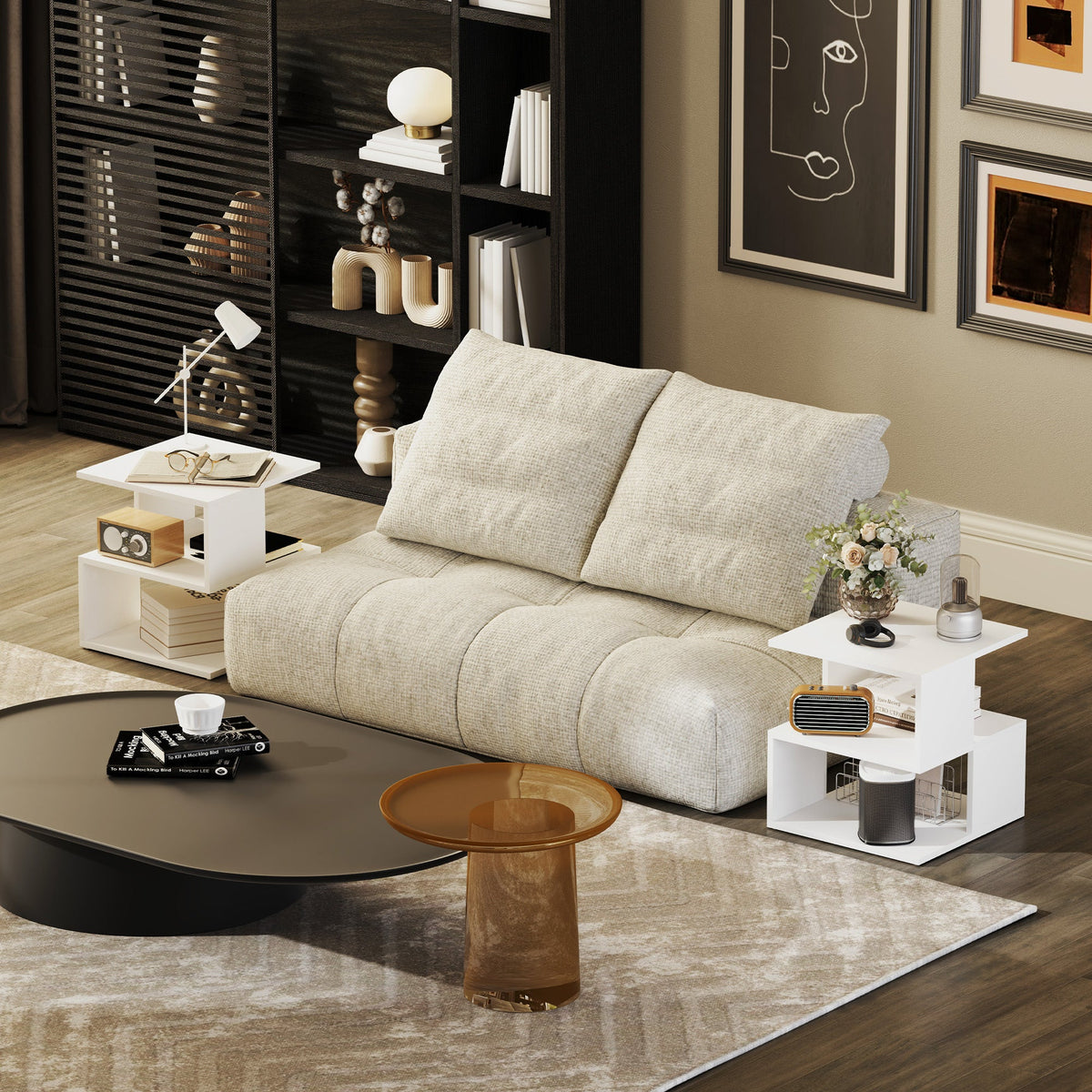 HOMCOM Set of 2 Side Table, Square Coffee Table, Modern End Table with 2 Tier Storage Shelves for Living Room, Bedroom, White