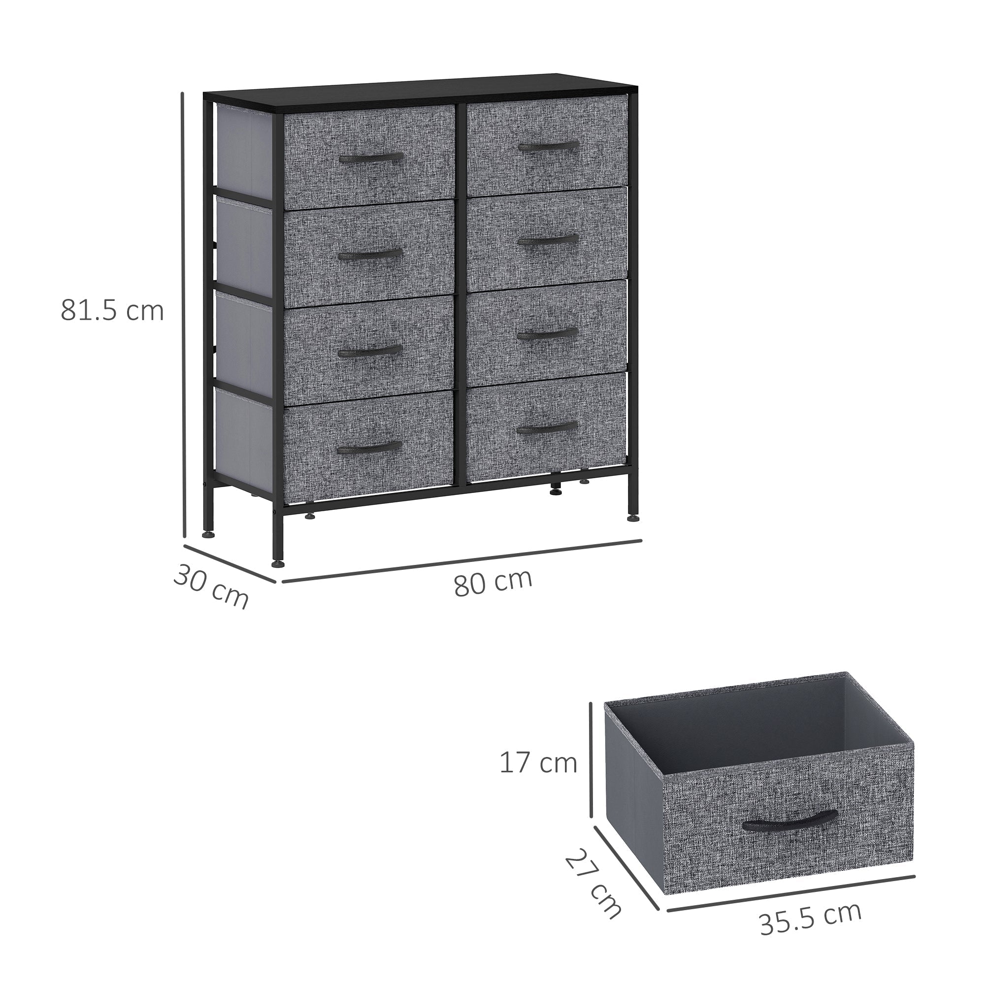 HOMCOM Fabric Chest of Drawers, Storage Drawers, Industrial Bedroom Dresser with 8 Fabric Drawers, Steel Frame and Wooden Top for Nursery, Living Room, Hallway, Black