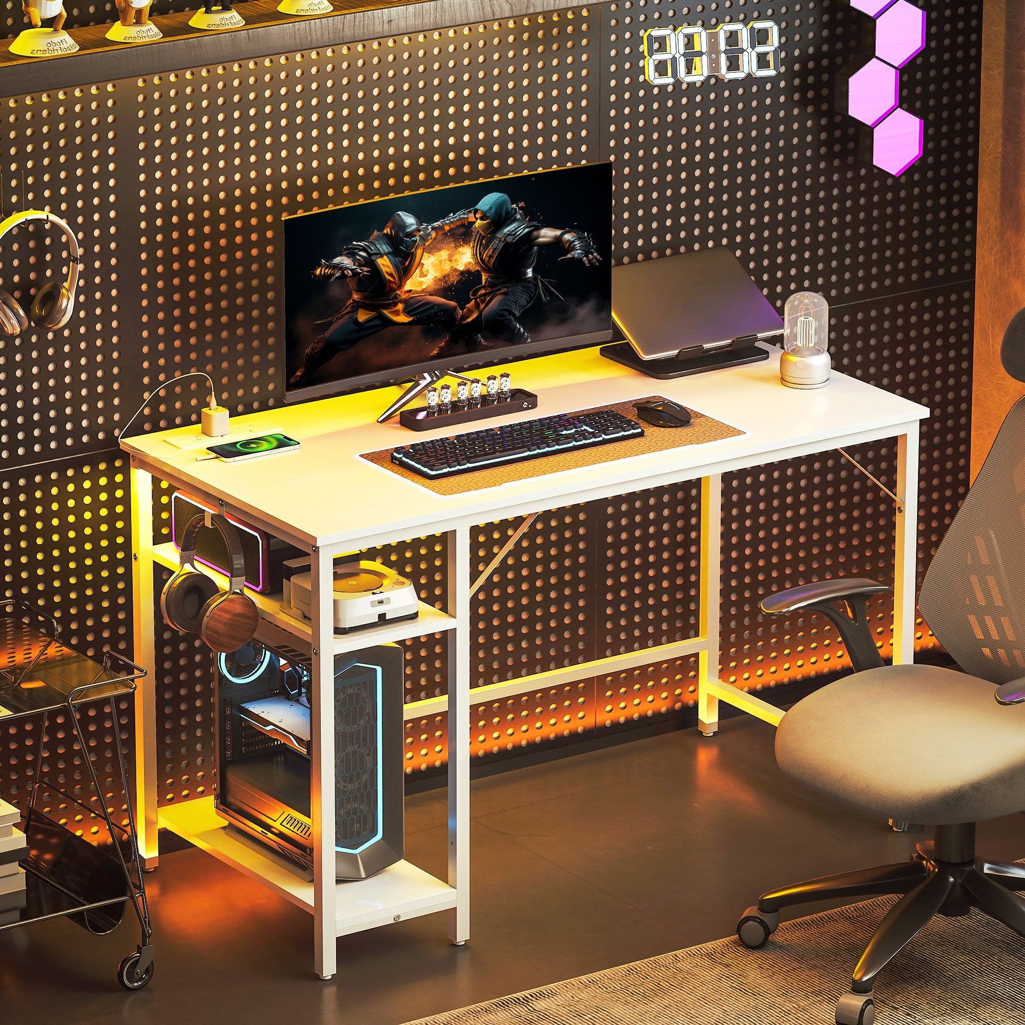 HOMCOM 120 x 60 cm Computer Desk with Power Outlets and Reversible Shelves - White