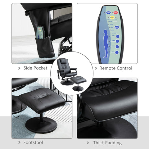 HOMCOM Swivel Recliner Chair and Footstool, Faux Leather Massage Recliner Armchair with Remote Control and Round Wrapped Base, Black