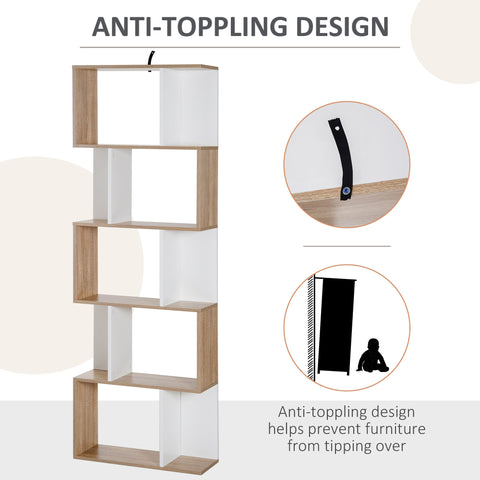 HOMCOM 5-tier Bookcase Storage Display Shelving S Shape design Unit Divider Natural