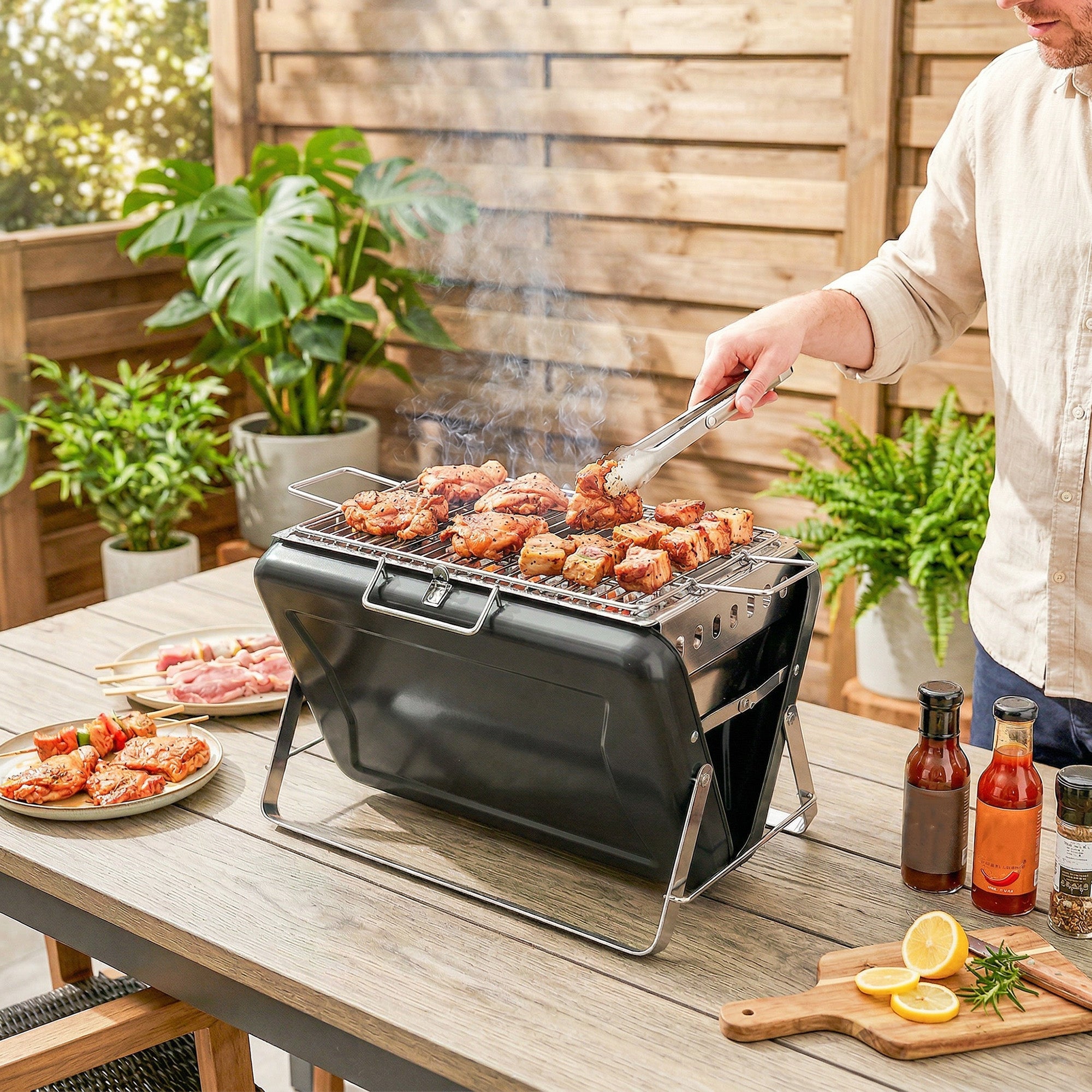 Outsunny Charcoal BBQ Grill Portable Stainless Steel Barbecue with Tilting Grate for Camping Picnic Garden Black