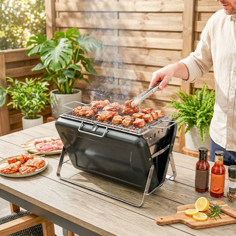 Outsunny Charcoal BBQ Grill Portable Stainless Steel Barbecue with Tilting Grate for Camping Picnic Garden Black
