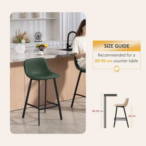 HOMCOM Bar Stools Set of 2, PU Leather Dining Stools with Backrest, Footrest, for Kitchen, Counter, Breakfast Bar, Green