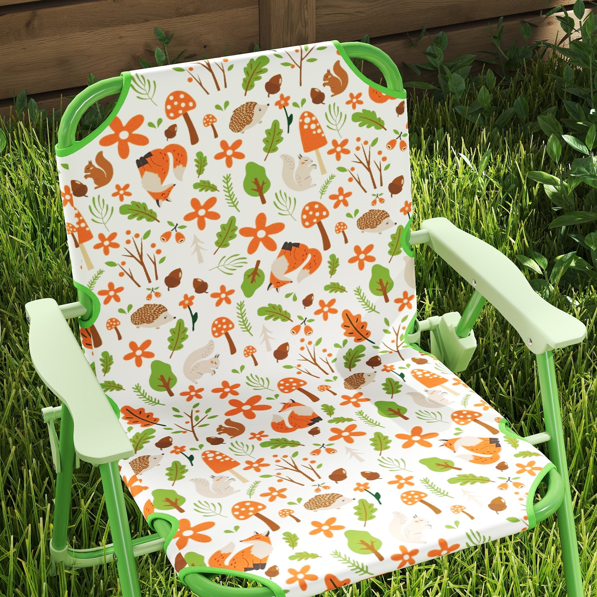 AIYAPLAY 4 Pieces Kids Garden Table and Chair Set with Adjustable Parasol, Folding Chairs, Table, Fox Pattern, Green