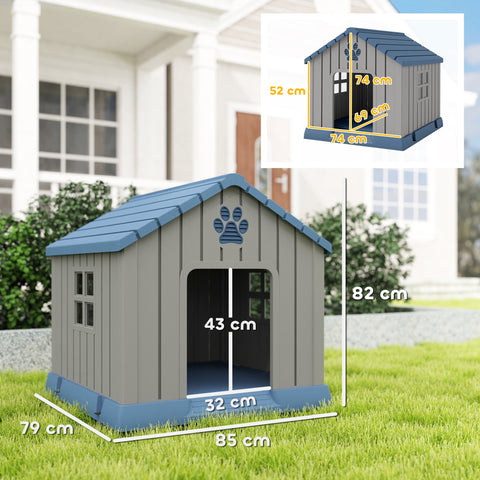 PawHut Dog Kennel Outdoor for Medium Dogs, Waterproof Plastic Dog House for Garden, Patio, 85 x 79 x 82 cm, Grey