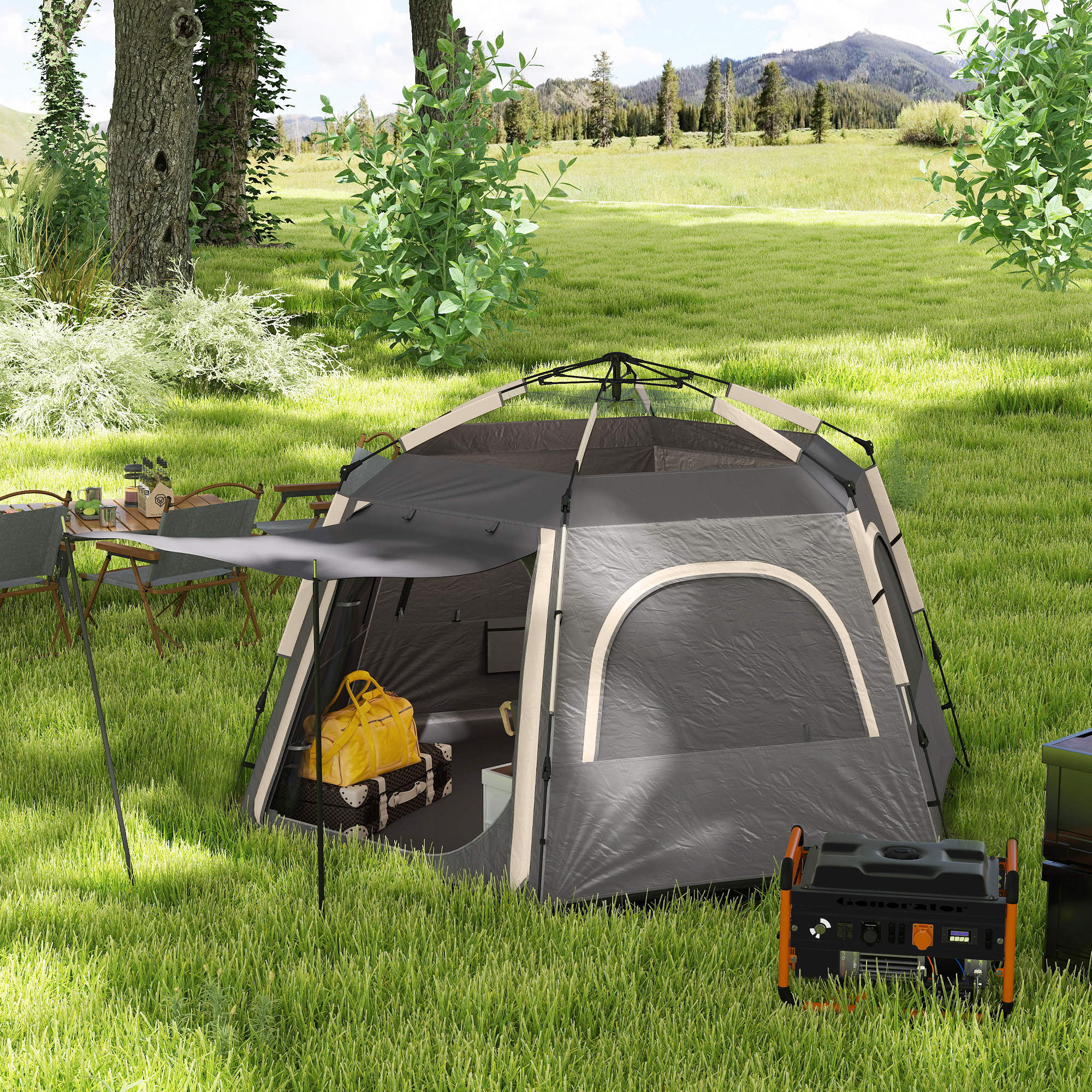 Outsunny Instant Camping Tent, 2/3/4 Person Easy Setup Family Tent with Vestibule, Rainfly, 4 Mesh Windows & 2 Doors, Hexagonal Design, Waterproof UV Protected Dome Tent, Dark Grey