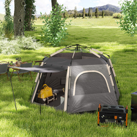 Outsunny Instant Camping Tent, 2/3/4 Person Easy Setup Family Tent with Vestibule, Rainfly, 4 Mesh Windows & 2 Doors, Hexagonal Design, Waterproof UV Protected Dome Tent, Dark Grey