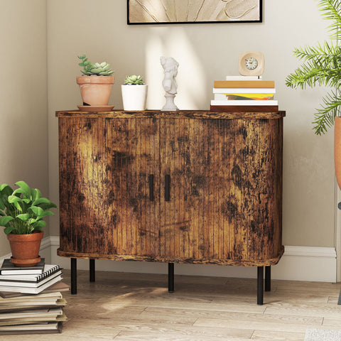 HOMCOM Mid-Century Modern Sideboard Storage Cabinet with Slatted Tambour Sliding Doors, Kitchen Cabinet with Steel Legs, Rustic Brown