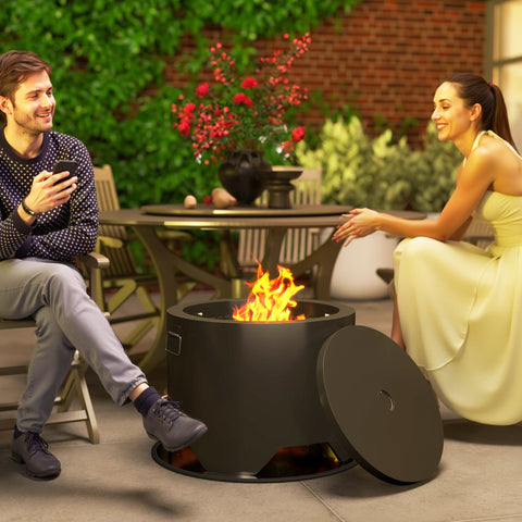 Outsunny Outdoor Round Fire Pit with Lid and Fire Poker - Black