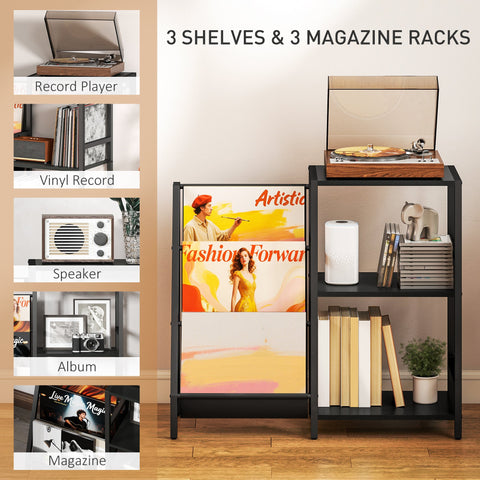 HOMCOM 3-Tier Record Player Stand, End Table for Living Room, Bedroom - Black Wood Effect