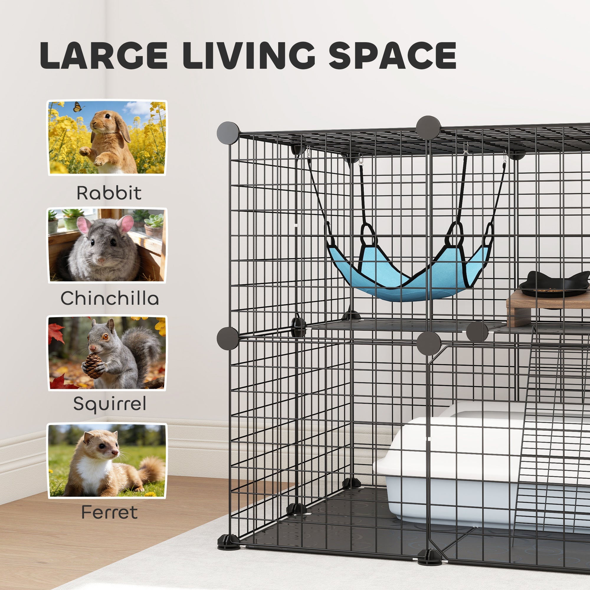 PawHut Indoor Cat Cage DIY Customizable 2-Tier Indoor Cat Enclosure with 2 Doors and Hammock 70 cm Black