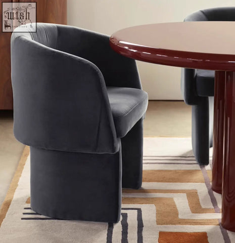 Dark gray velvet paddy dining chair with rounded back perfect for marble dining and marble dining table settings