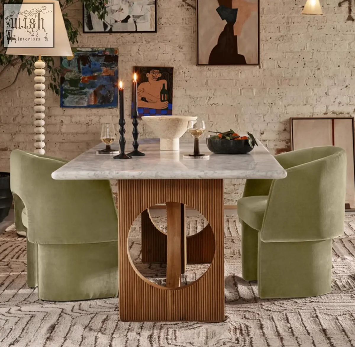 Marble dining table with a wooden base featuring vertical grooves and a circular cutout paired with paddy velvet dining chair