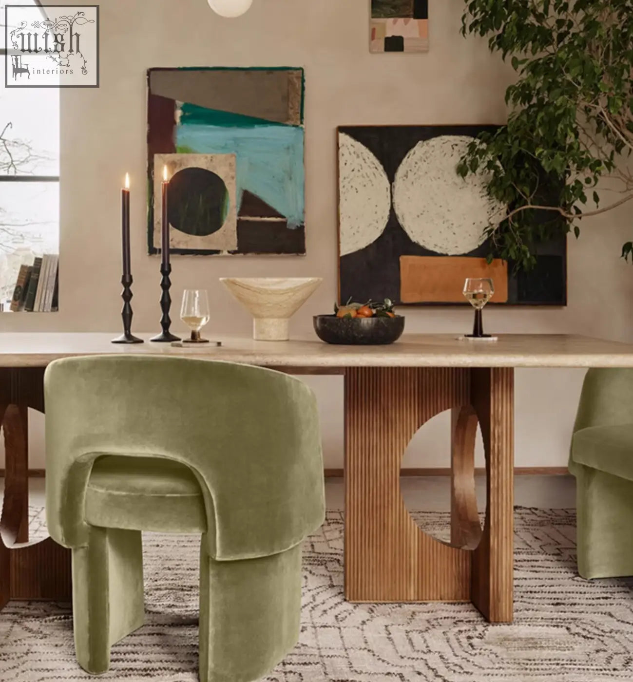 Olive green velvet paddy dining chair with sculpted modern design perfect for marble dining table setups