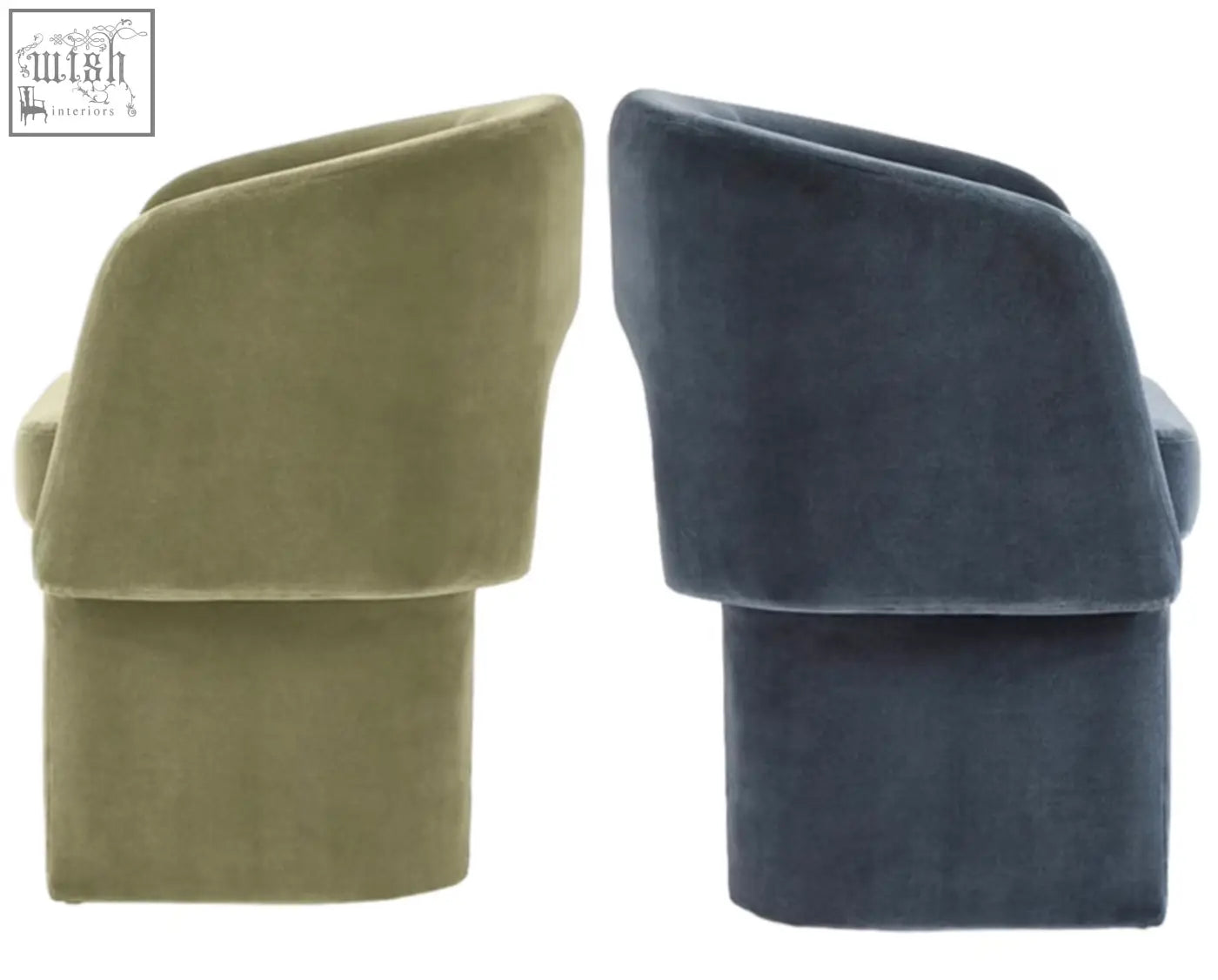 Two paddy dining chairs in plush velvet upholstery in olive green and deep navy blue perfect for marble dining setups