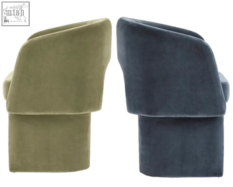 Two paddy dining chairs in plush velvet upholstery in olive green and deep navy blue perfect for marble dining setups