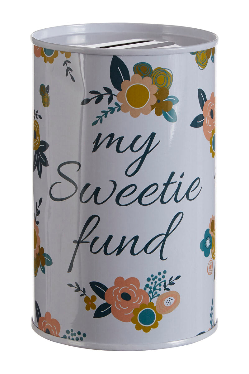 White cylindrical money tin with colorful floral small money design and my sweetie fund phrase in black script