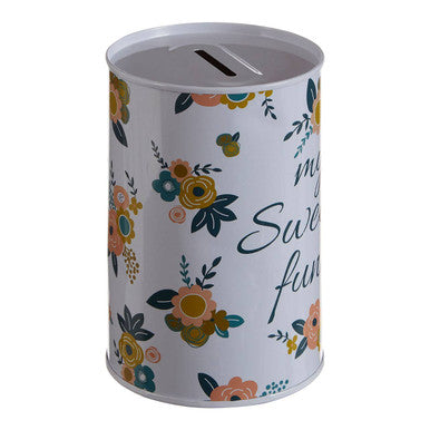 White cylindrical money tin with yellow orange teal floral small money pattern and my sweet fun text in black cursive