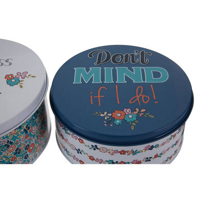 Blue round cake tin from paice pretty things set featuring floral design and dont mind if i do text