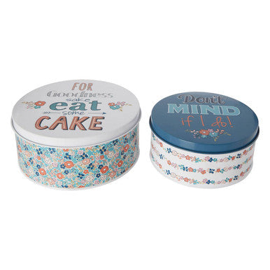 Paice pretty things set of 2 round cake tins with white and blue lids featuring cake-related phrases and floral designs