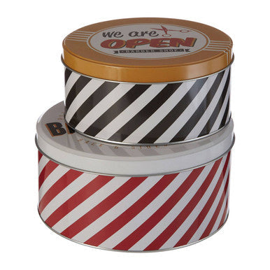Stacked barber shop storage tins set of 2 with bold black white and red white stripes and gold lids with we are open logo