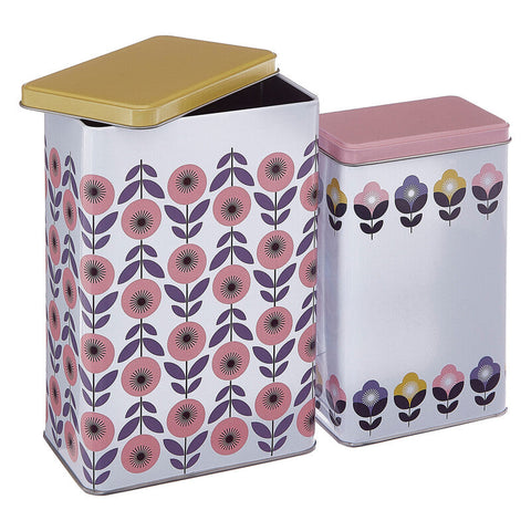 Paice set of 2 metal storage canisters with floral patterns and gold and pink lids, perfect for choose orsina style organization