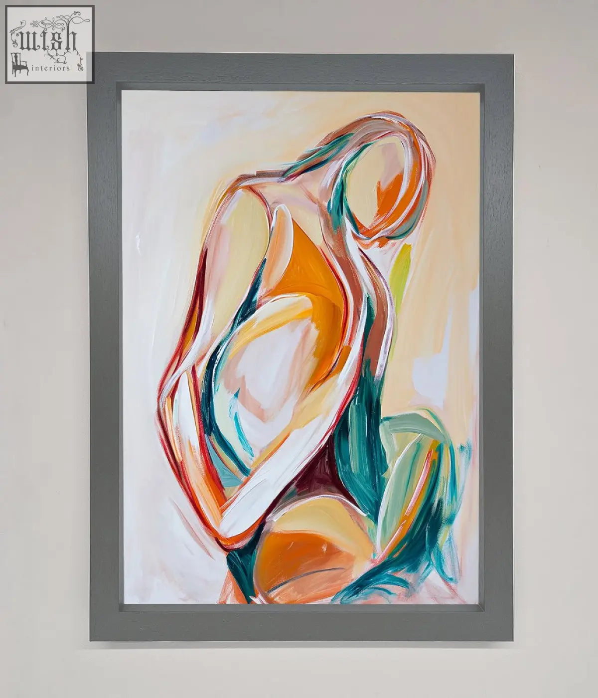 Abstract painting in a gray frame with bold orange teal and white strokes of an abstract human form in pain stroke embrace poster
