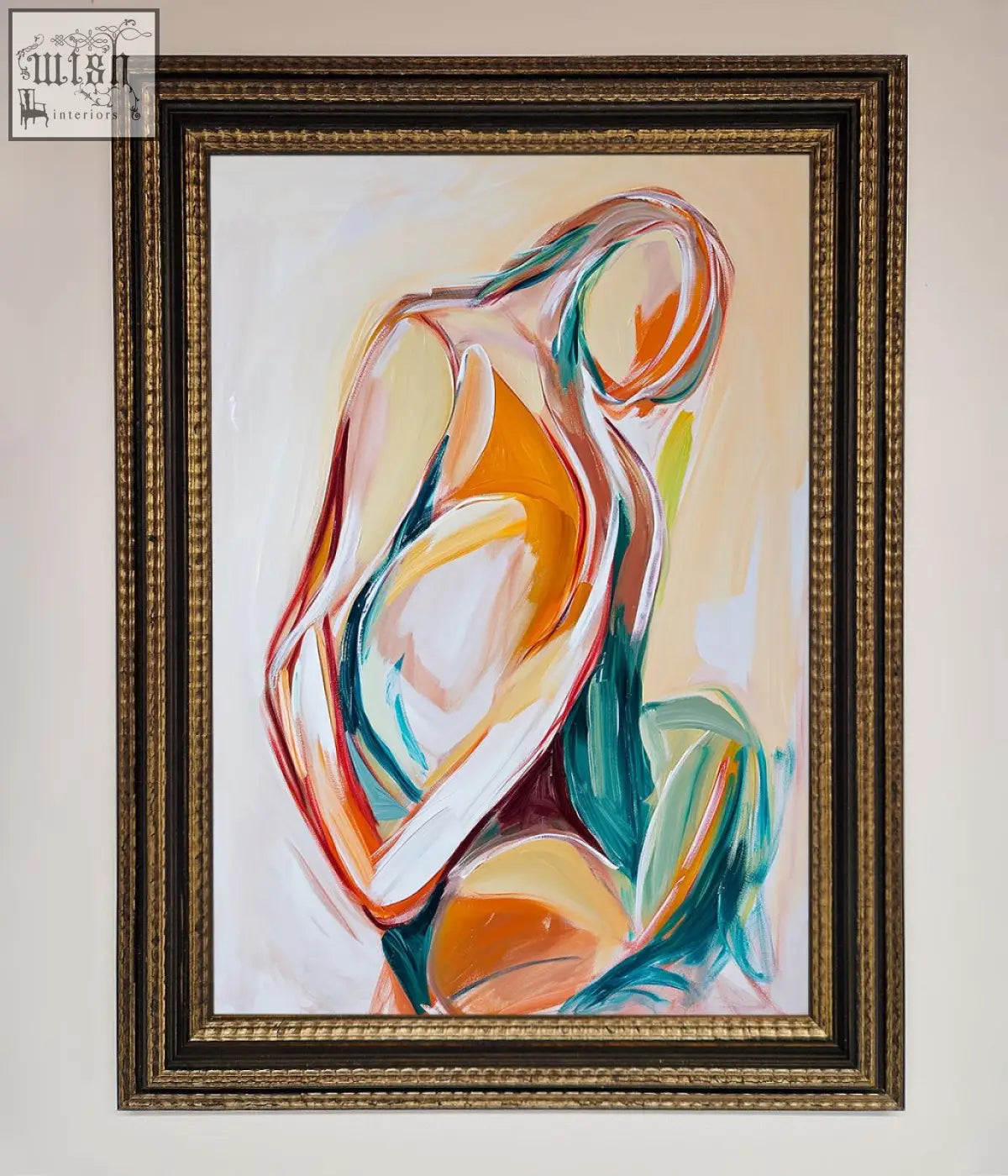 Abstract painting of an orange teal and cream human form in a gold-toned ornate frame pain stroke embrace poster