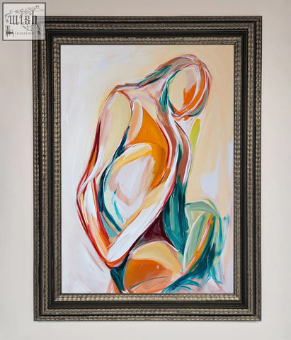 Abstract painting of a stylized human figure in orange teal and white in a pain stroke embrace framed poster