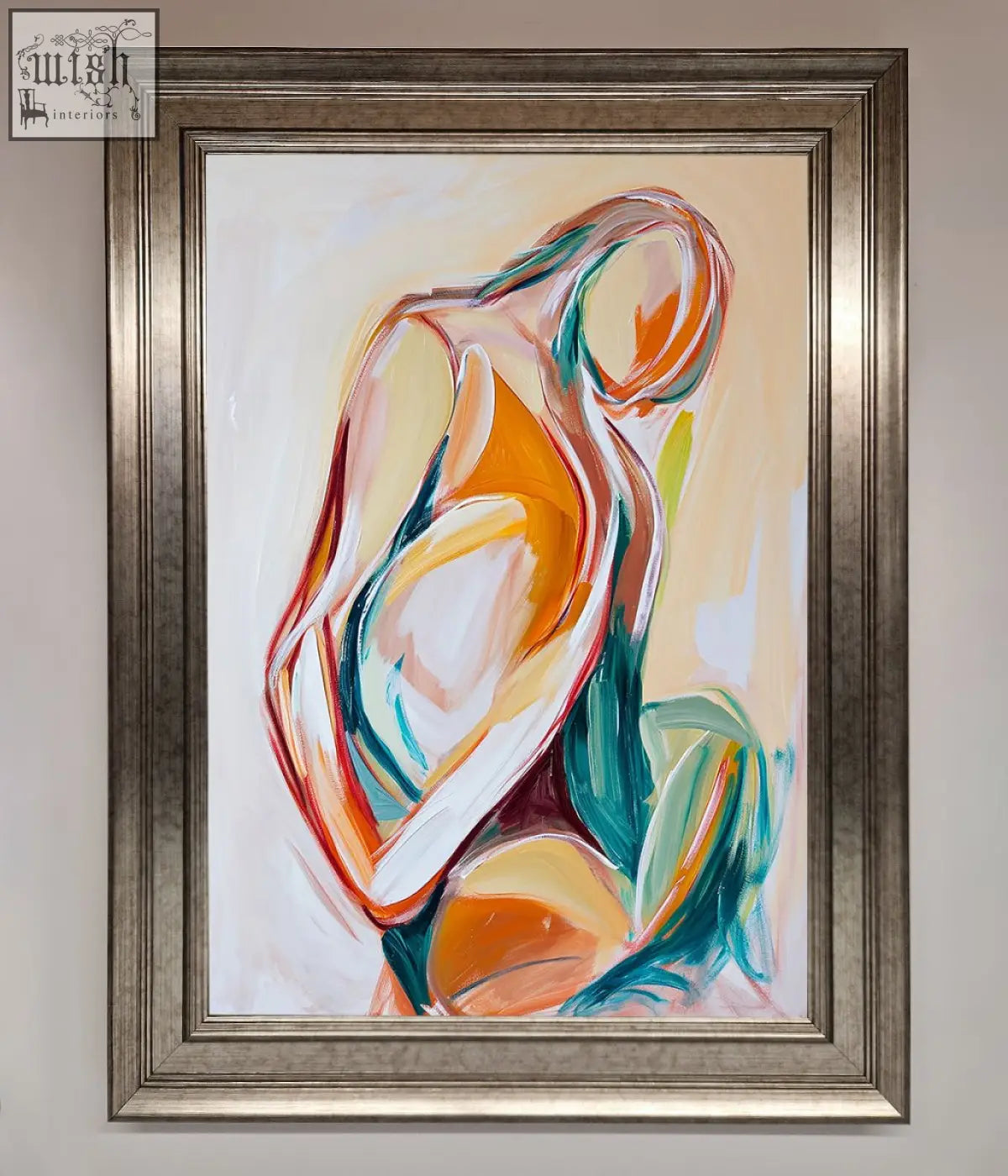 Abstract painting in a silver-toned frame with bold orange teal and white strokes in the pain stroke embrace framed poster