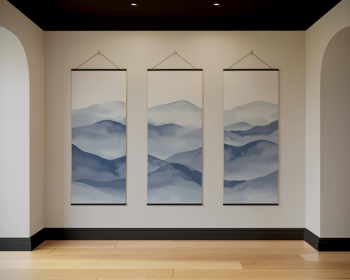 Painted mountain tapestry with three vertical hanging scrolls featuring soft blue and gray layered mountains perfect for art deco wall decor