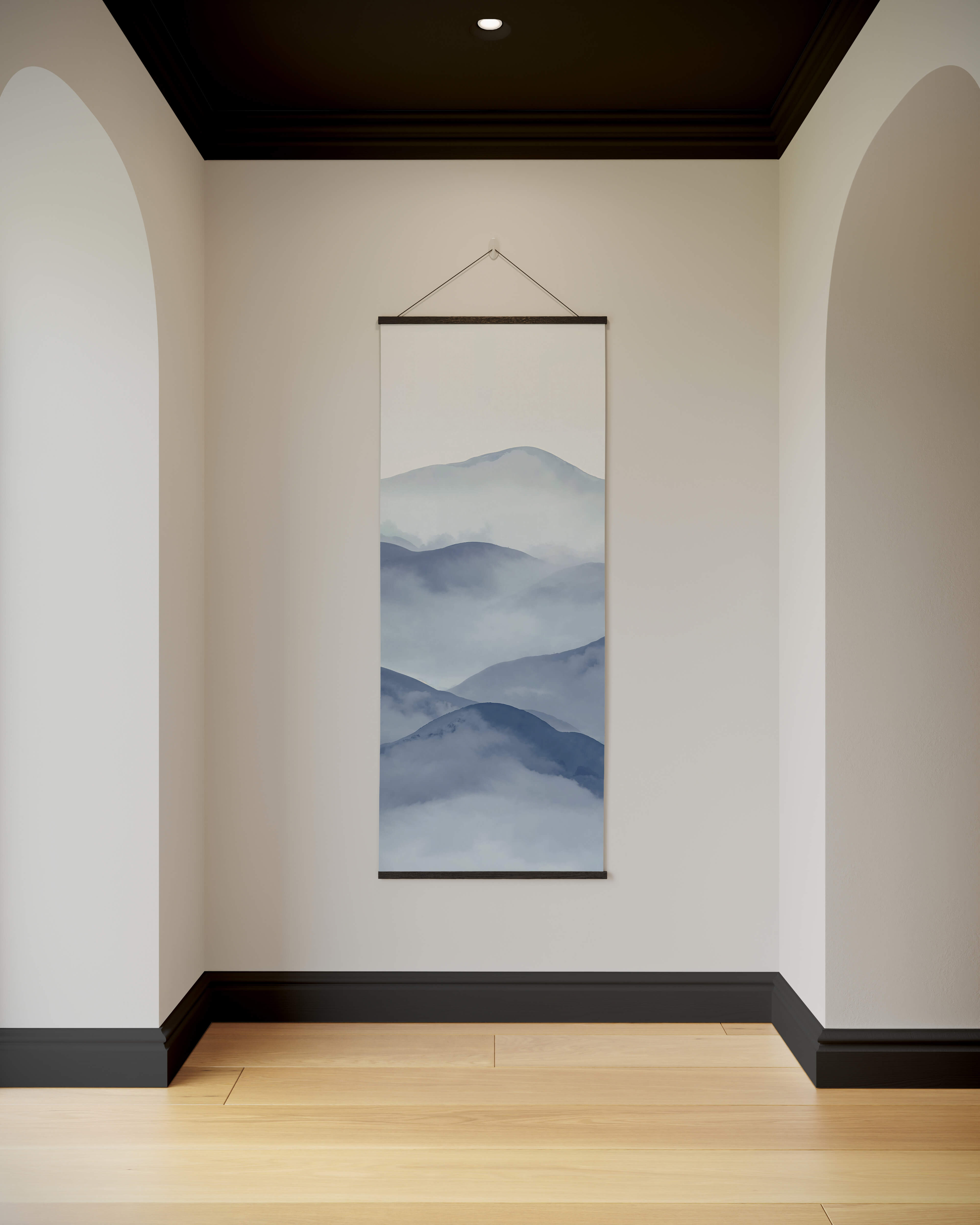 Painted mountain tapestry wall hanging with misty blue layered mountains on off-white perfect for deco wall decor