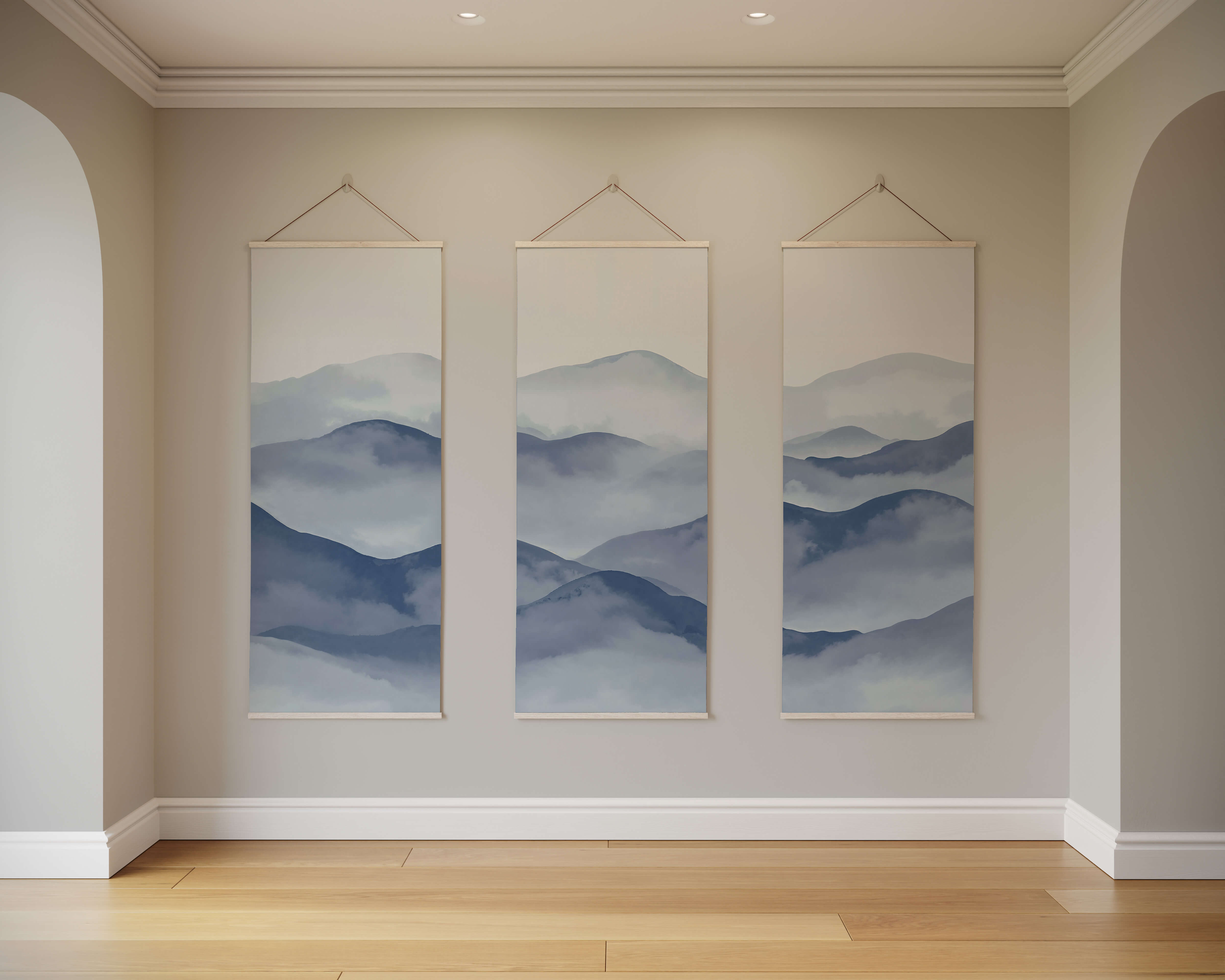 Three vertical painted mountain tapestries with blue and gray watercolor layers perfect for art deco wall decor
