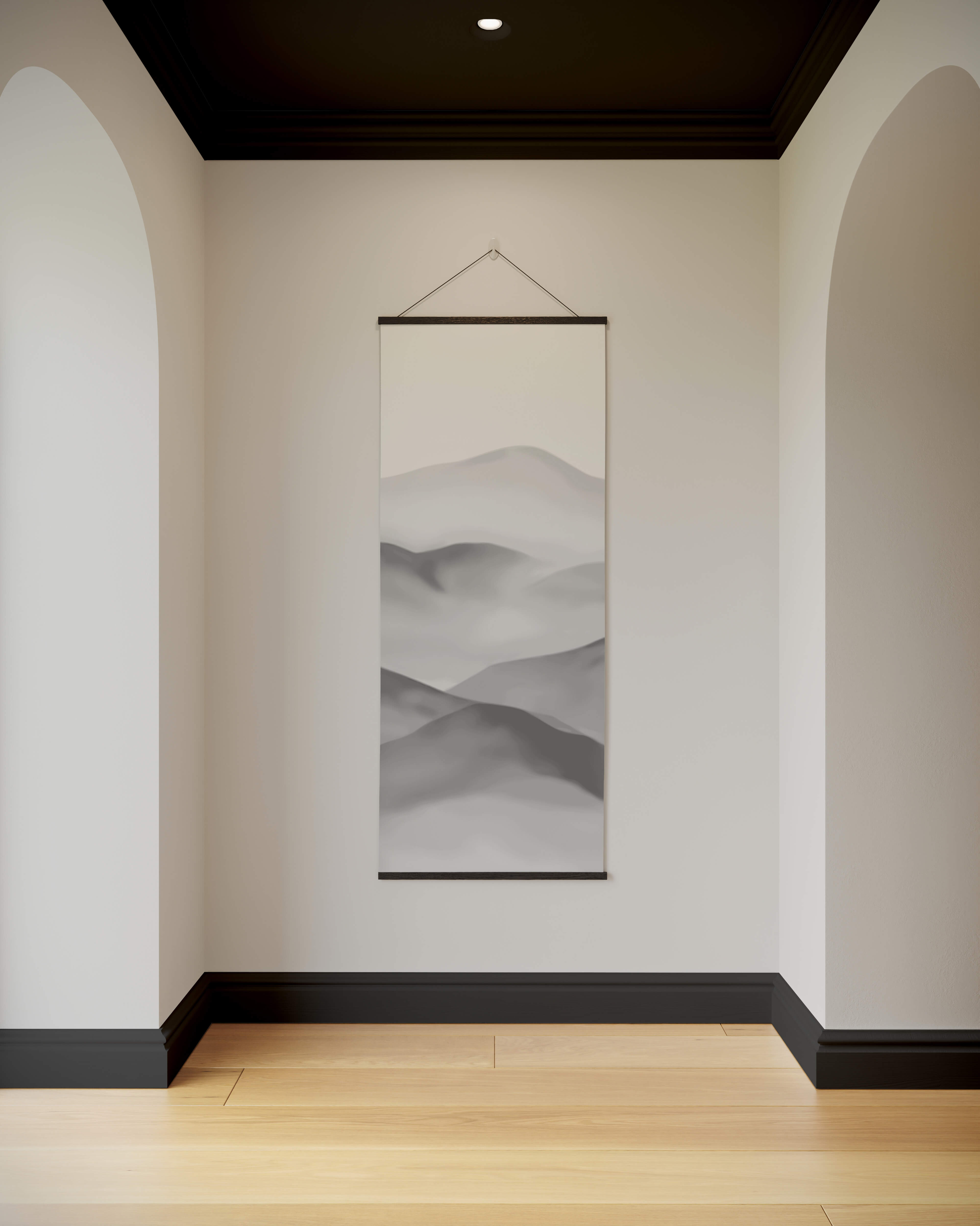Painted mountain tapestry hanging scroll with black frame and grayscale ink wash art deco wall decor