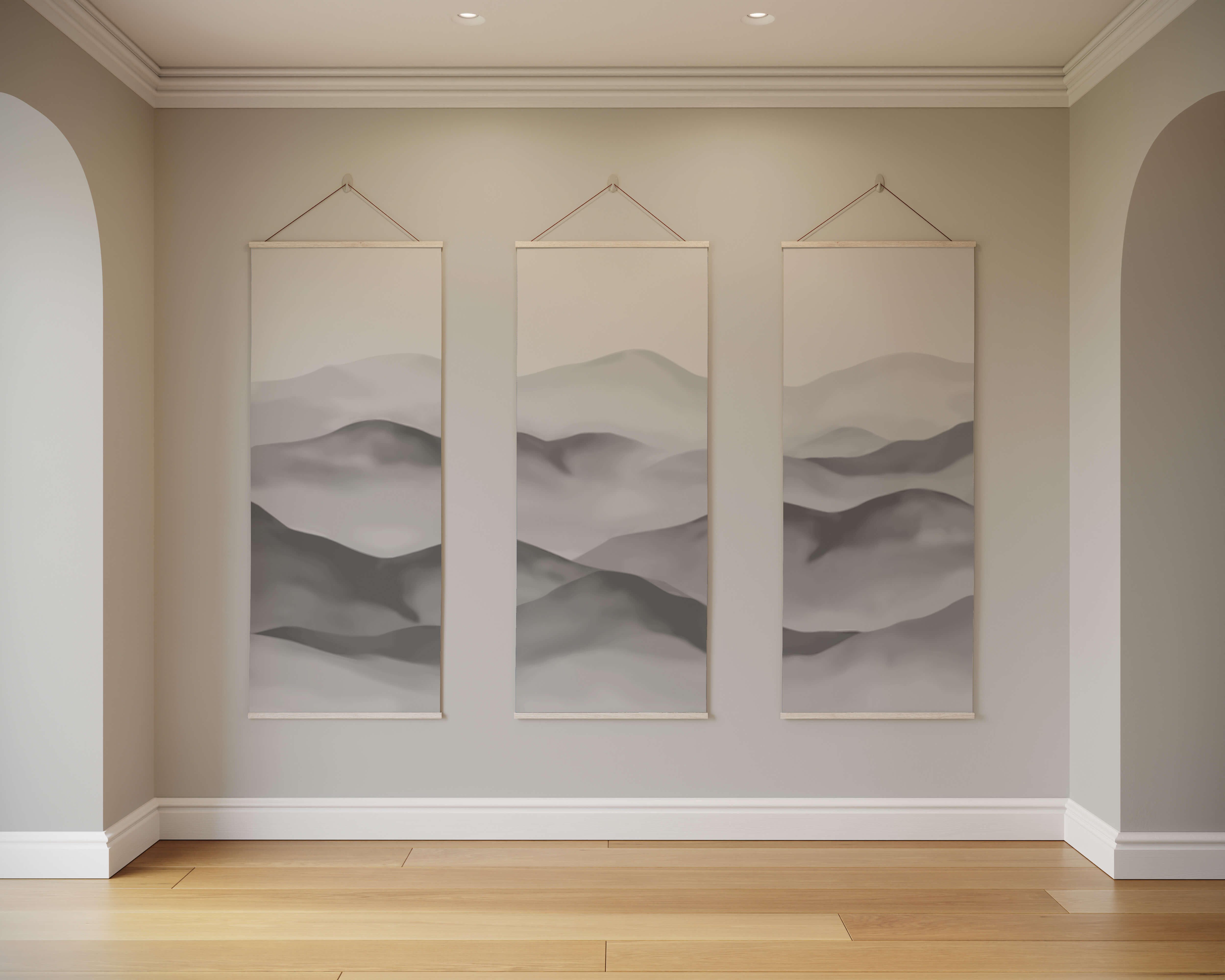 Three hanging painted mountain tapestry art deco wall decor with gray white watercolor mountains and wooden frames