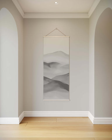 Painted mountain tapestry art deco wall hanging with gray white mountain silhouettes on beige canvas with wooden frame