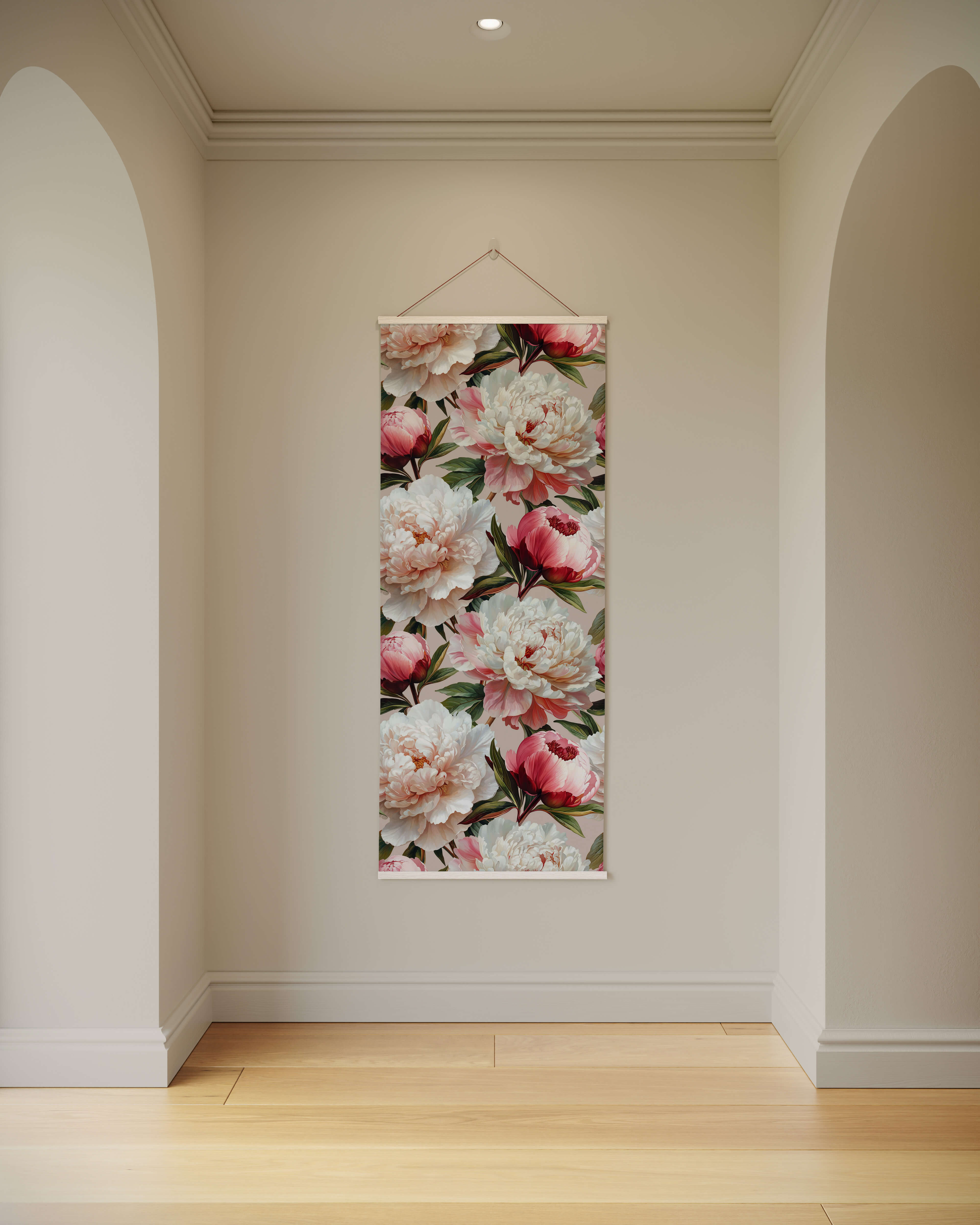 A vertical painted peony tapestry with pink and white peonies and green leaves on a light background framed in wood