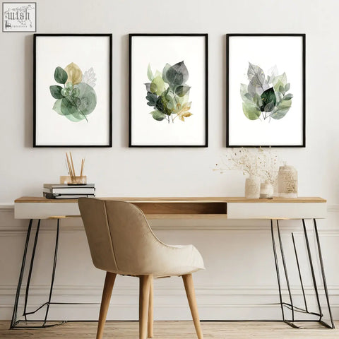 Set of three framed botanical wall art prints with green and gold watercolor leaves perfect for home office decor