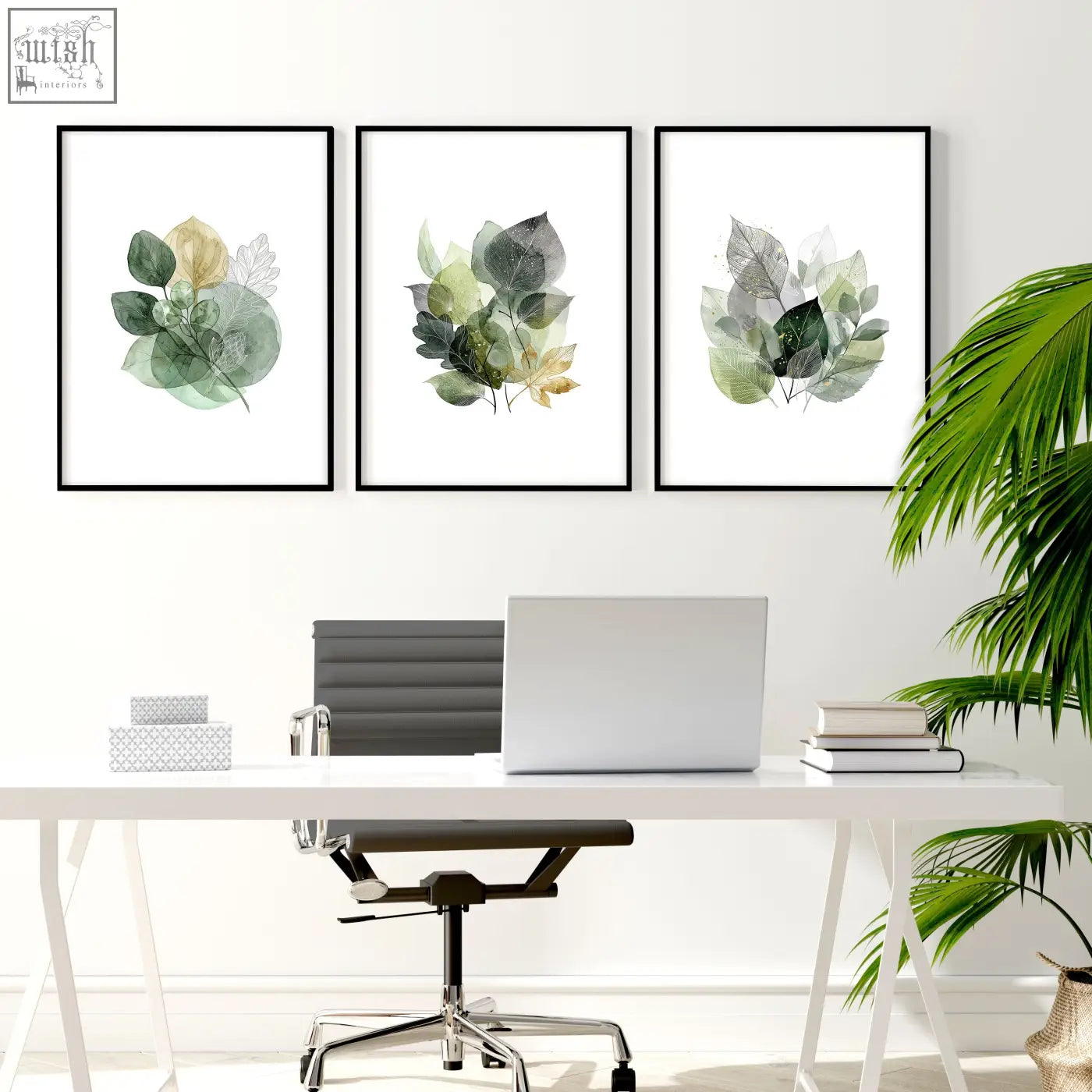 Three framed botanical wall art prints with green and gold watercolor leaves in black frames for home office decor