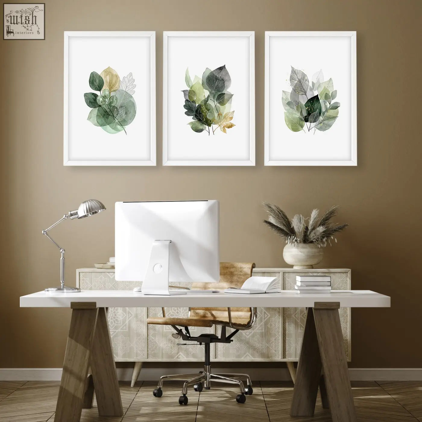 Three framed botanical wall art prints with green and gold watercolor leaves in white frames perfect for home office