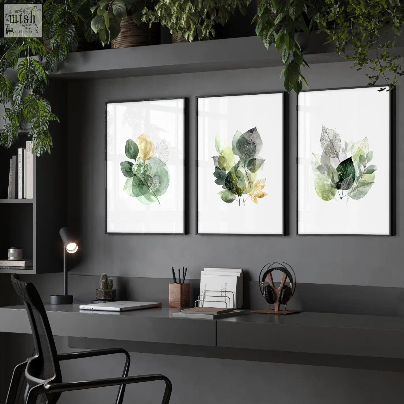 Three framed botanical wall art prints with translucent green and gold leaves in black frames for home office decor